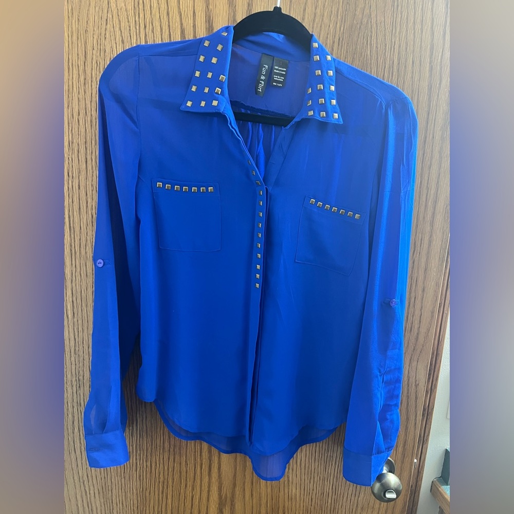 Electric blue sheer button up blouse. Size small.
